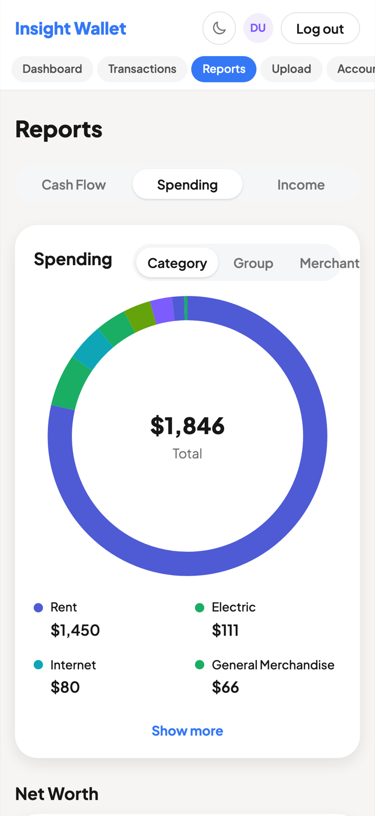 Insight Wallet on a phone, showing a cash flow chart and spending by category.