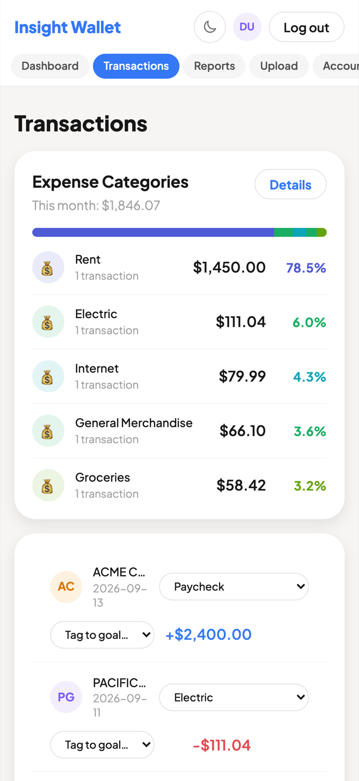 Insight Wallet on a phone, showing an account's transactions with each one named and categorized.